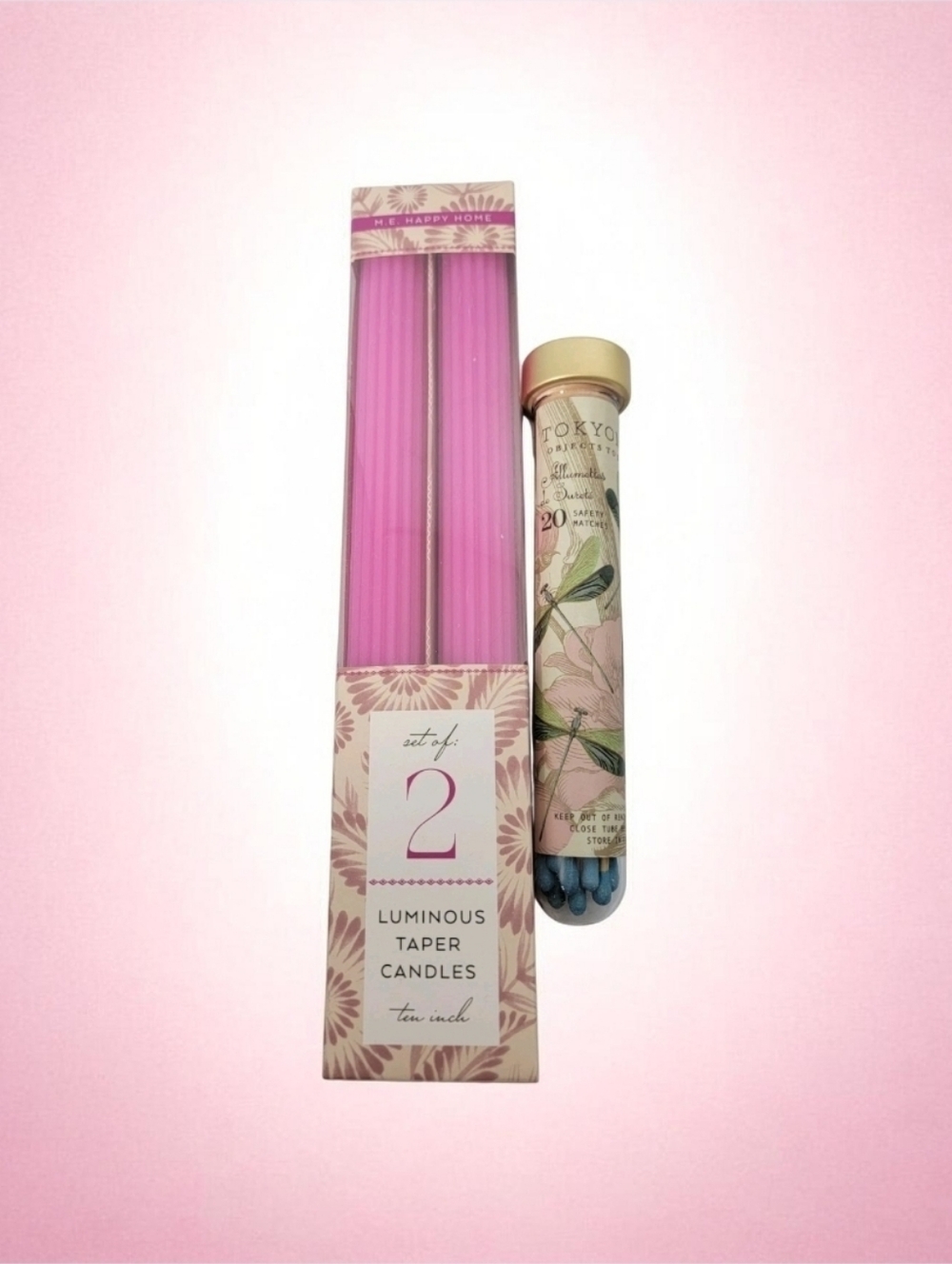 Margot Elena Happy Home Pink Luminous Taper Candles And Tokyomilk Safety Matches
